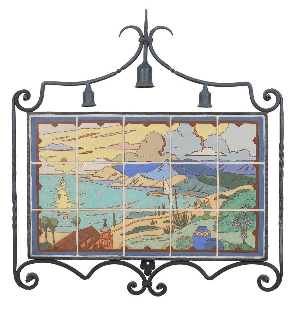 Appraisal: BUSHERE SON IRON FRAMED TILE BAY LANDSCAPE SCENEa fifteen-tile scene