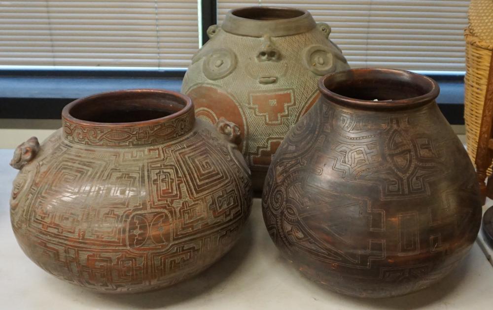 Appraisal: THREE BRAZILIAN ETCHED TERRACOTTA VESSELS H OF TALLEST IN CM