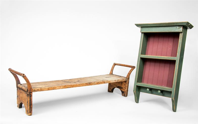 Appraisal: Green-Painted Hanging Shelf and a Nailed Pine Foot Stool x