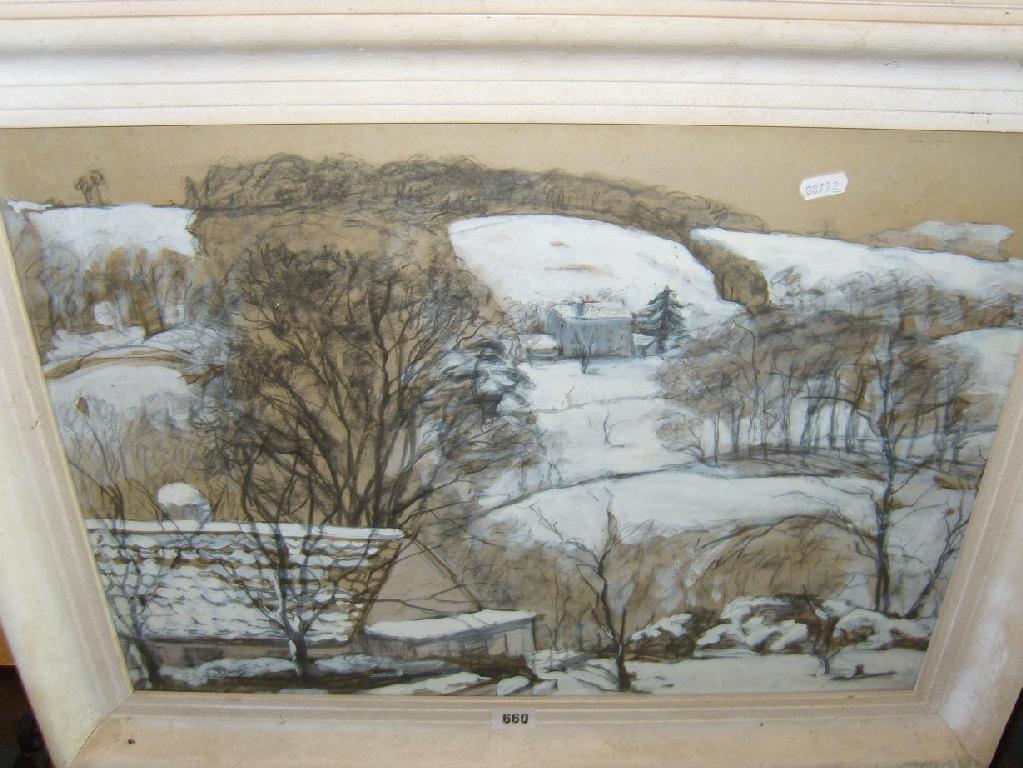 Appraisal: A charcoal and body colour study of a winter landscape