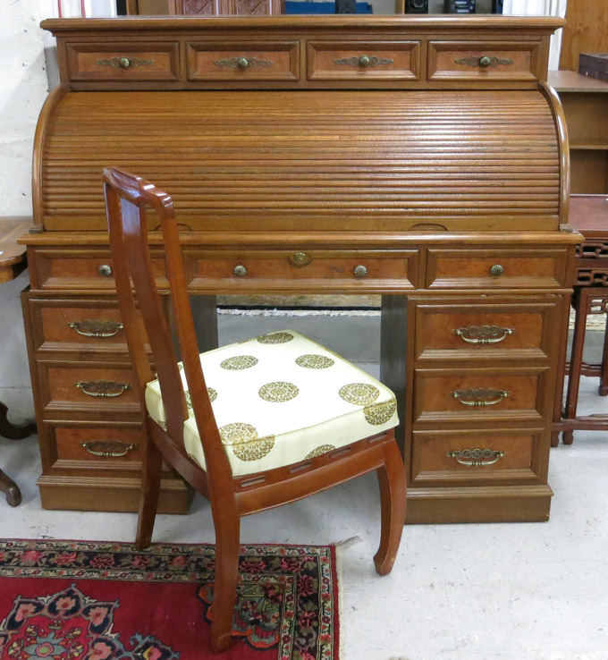 Appraisal: TEAK ROLL-TOP DESK AND CHAIR Taiwan export th century a