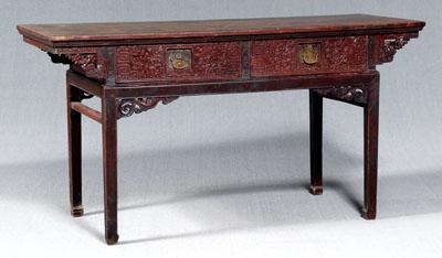 Appraisal: Chinese two drawer altar table mortise and tenon construction carved