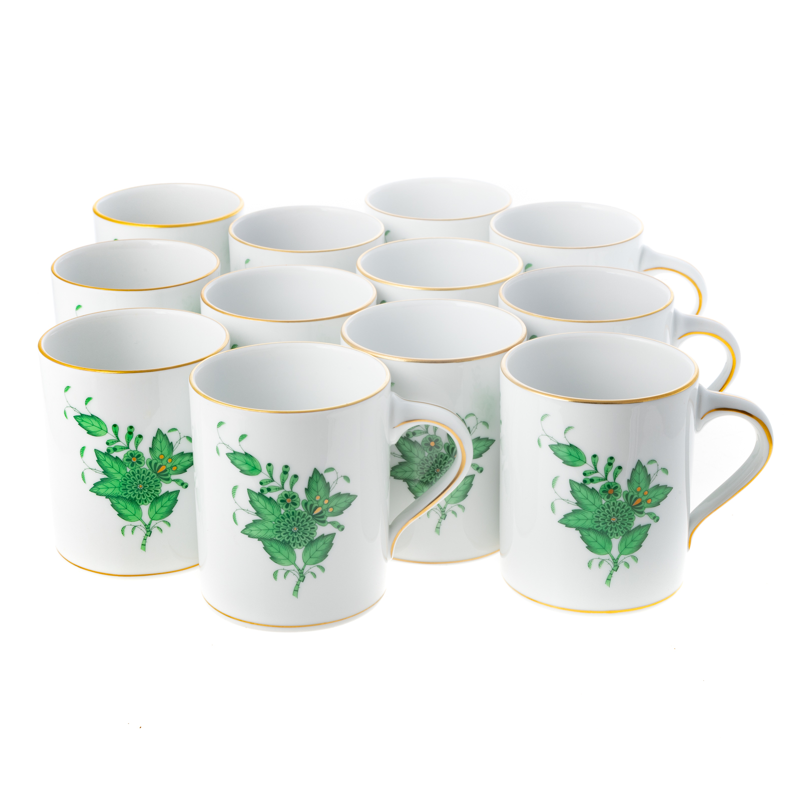 Appraisal: HEREND GREEN CHINESE BOUQUET COFFEE MUGS With gilt band on