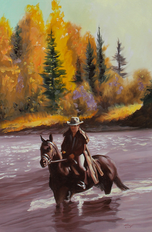 Appraisal: RUST Don American - Cowboy on Horseback Crossing River Oil