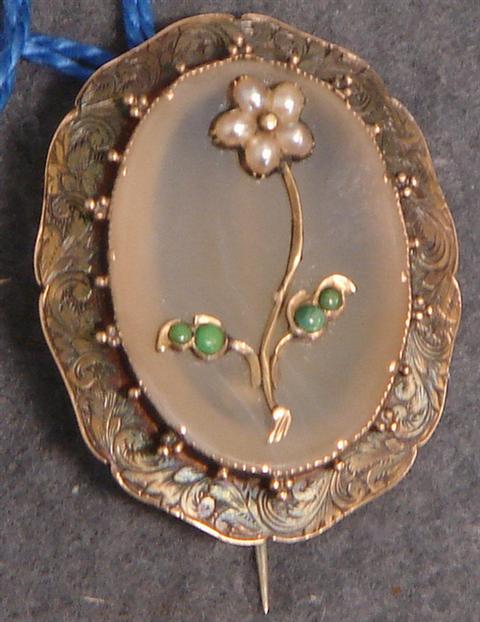 Appraisal: Victorian gilt silver crystal pin pearl and jade floral decoration