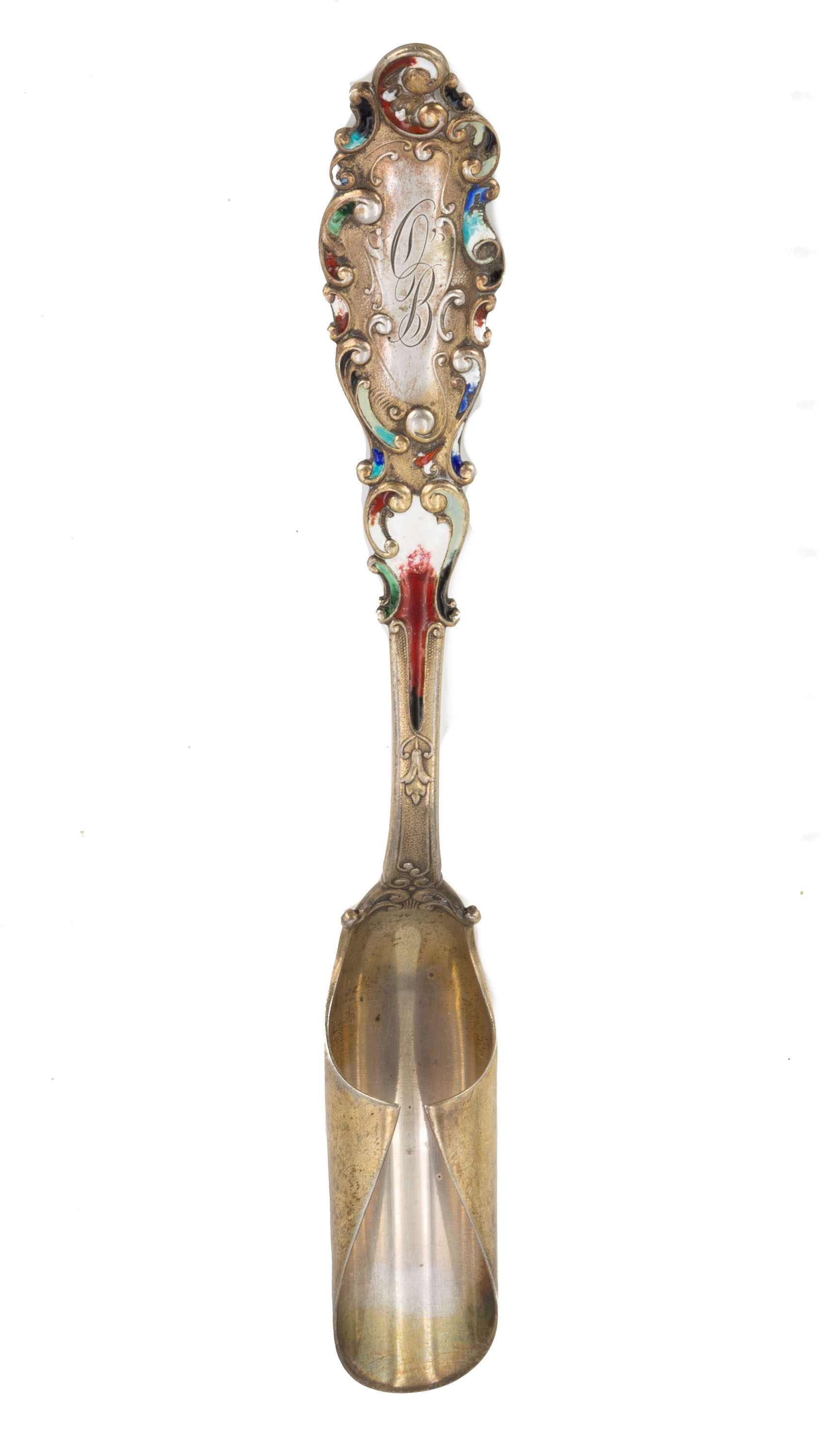 Appraisal: GORHAM ENAMELED STERLING CHEESE SCOOP Retailed by Harris Shafer troy