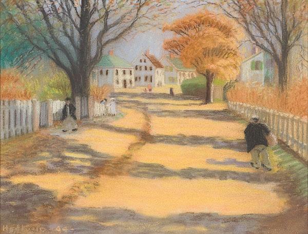 Appraisal: MID- TH CENTURY NEW ENGLAND SCENE Village Roadpastel on papersigned