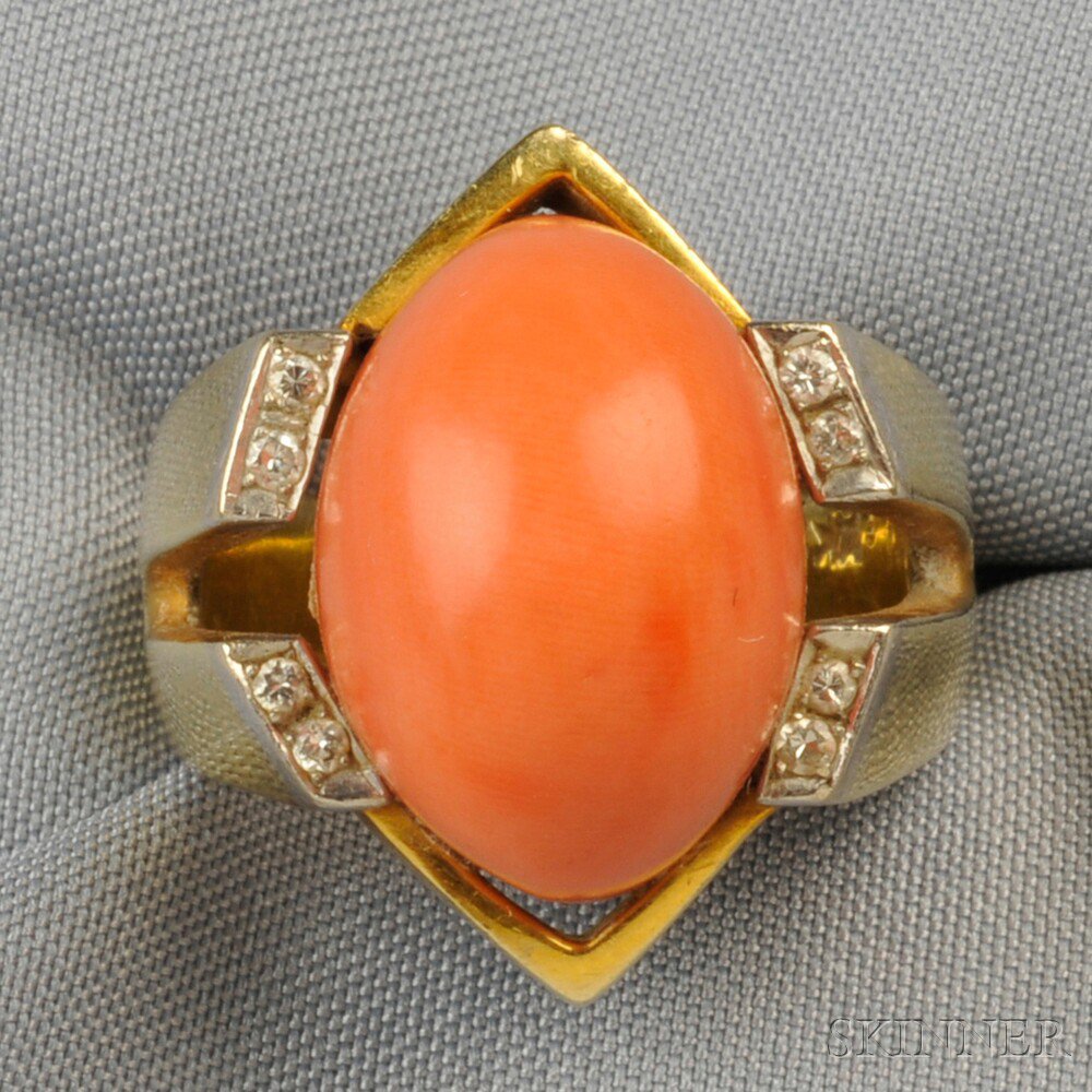 Appraisal: kt Gold Coral and Diamond Ring set with a cabochon