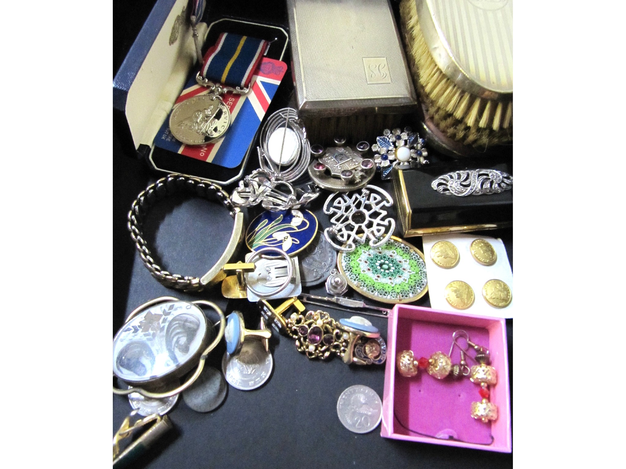 Appraisal: A box of costume jewellery silver brushes coins and a