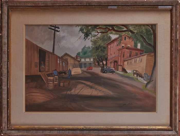 Appraisal: EUROPEAN SCHOOL STREET SCENE WITH RAILROAD CAR Watercolor on paper