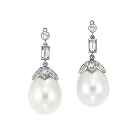 Appraisal: Pair of Diamond and Cultured Pearl Pendants Estimate -