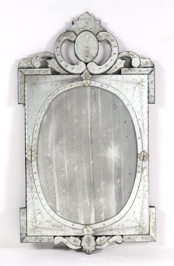 Appraisal: VENETIAN GLASS WALL MIRROR th century etched and applied glass