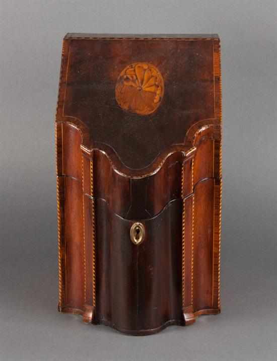 Appraisal: George III inlaid mahogany shaped front knife box circa patera