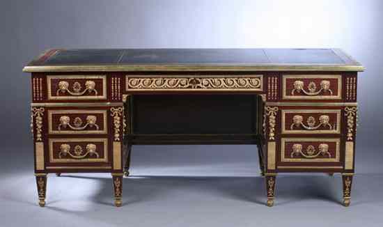 Appraisal: LOUIS XIV STYLE BRASS AND GILT-METAL MOUNTED MAHOGANY DOUBLE-PEDESTAL DESK