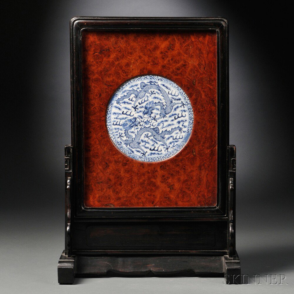 Appraisal: Table Screen with Round Blue and White Porcelain Plaque China