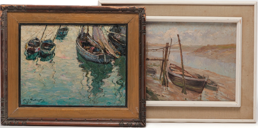 Appraisal: TWO PAINTINGS OF BOATS Oil on wooden panel illegible signature