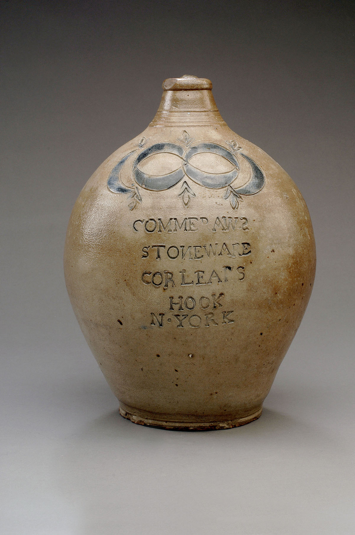 Appraisal: FINE AMERICAN SALTGLAZE STONEWARE COBALT BLUE-DECORATED JUG THOMAS COMMERAW CORLEARS