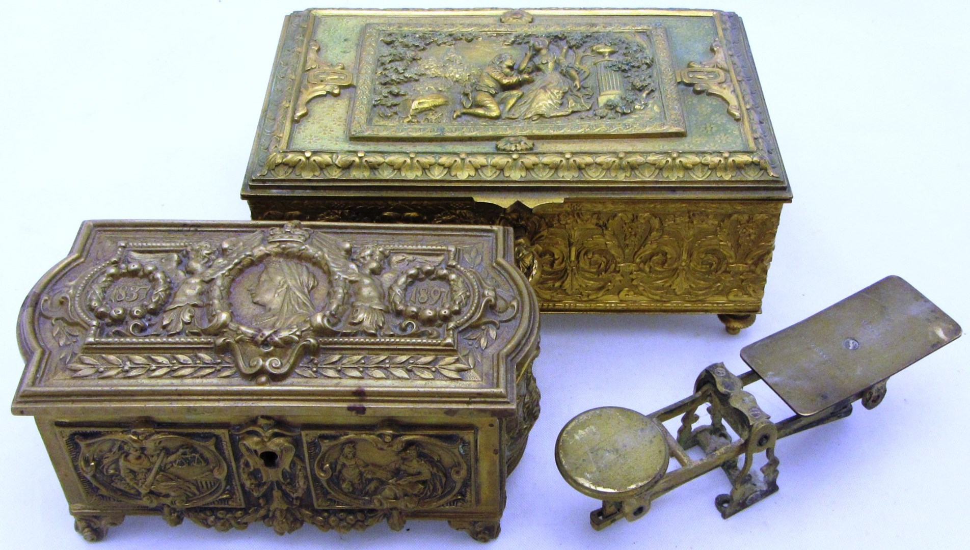 Appraisal: A rectangular gilt brass hinge lidded trinket casket commemorating The