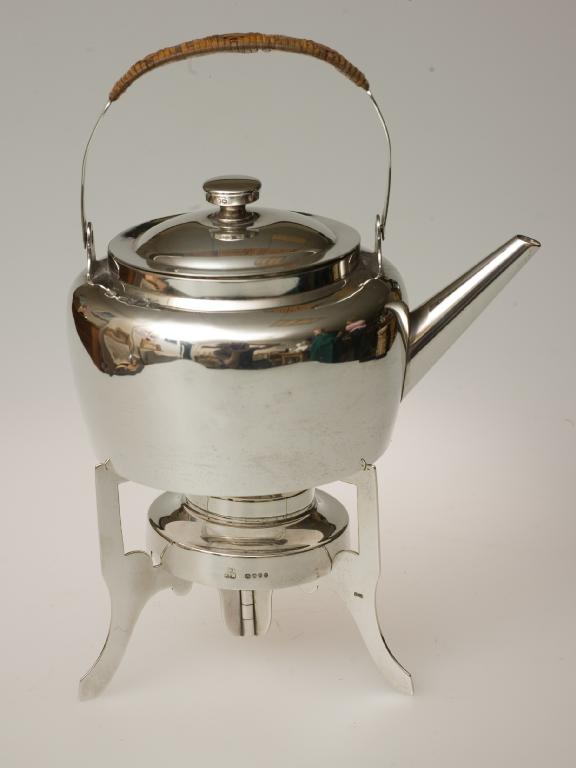 Appraisal: CHRISTOPHER DRESSER - SILVER PICNIC KETTLE BURNER AND STAND HUKIN