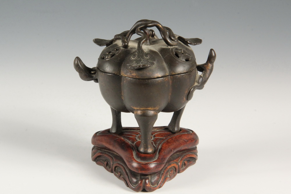 Appraisal: CHINESE BRONZE CENSER - Early Bronze Melon Form Tripod Incense