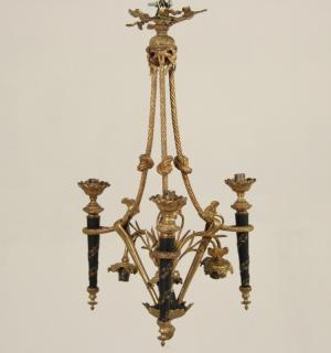 Appraisal: FRENCH GILT BRONZE AND POLYCHROME CHANDELIER FRENCH TRI-FORMED GILT BRONZE