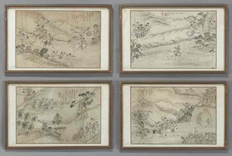 Appraisal: Chinese watercolor paintingsdepicting warriors in a landscape Site ''H x