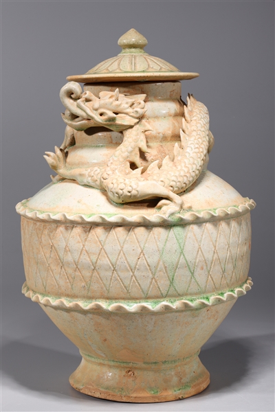 Appraisal: Elaborate Chinese celadon glazed porcelain covered dragon vessel overall good