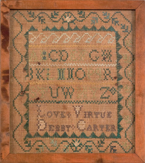 Appraisal: Miniature American silk on linen sampler inscribed Love Virtue Debby