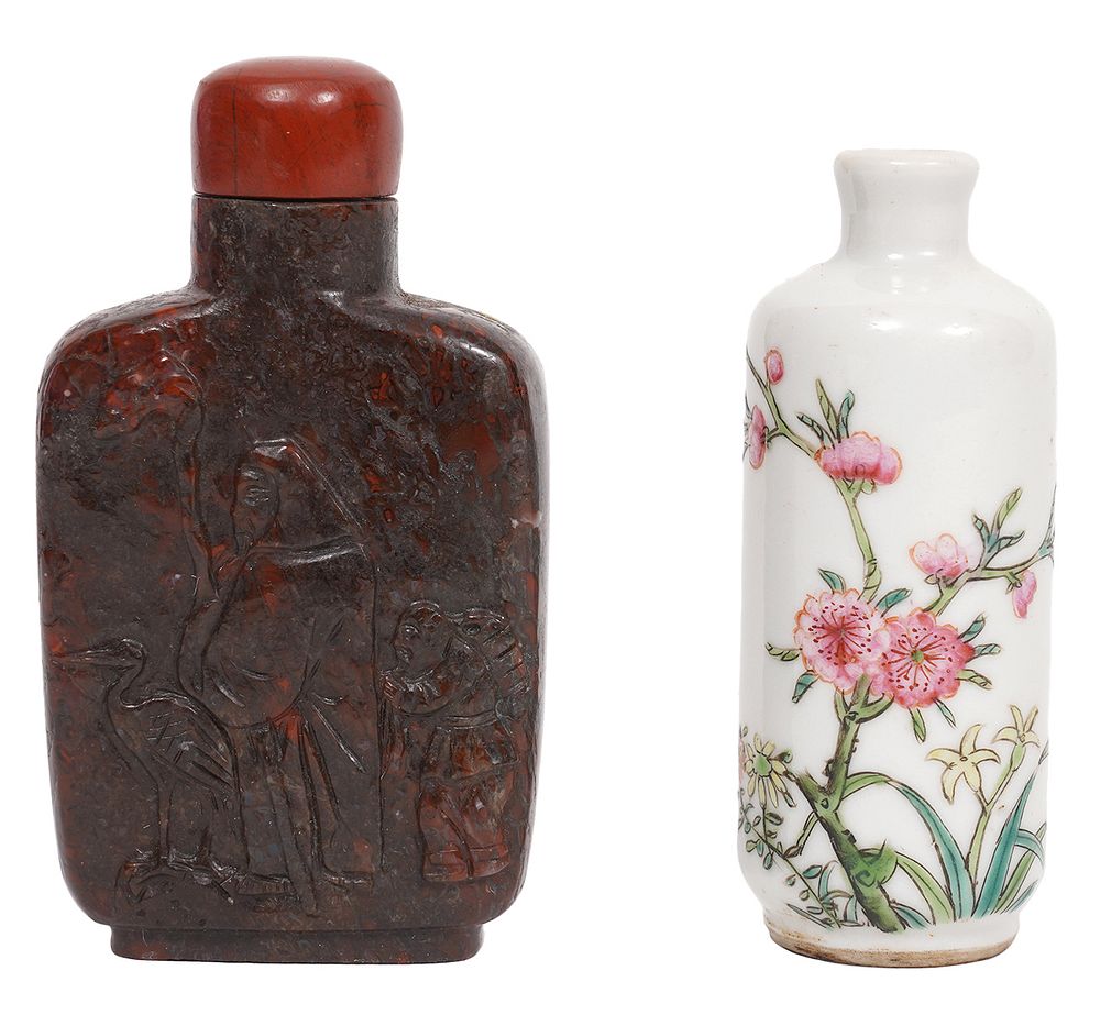 Appraisal: Chinese Snuff Bottles Red Jasper Rose Medallion Chinese Red Jasper