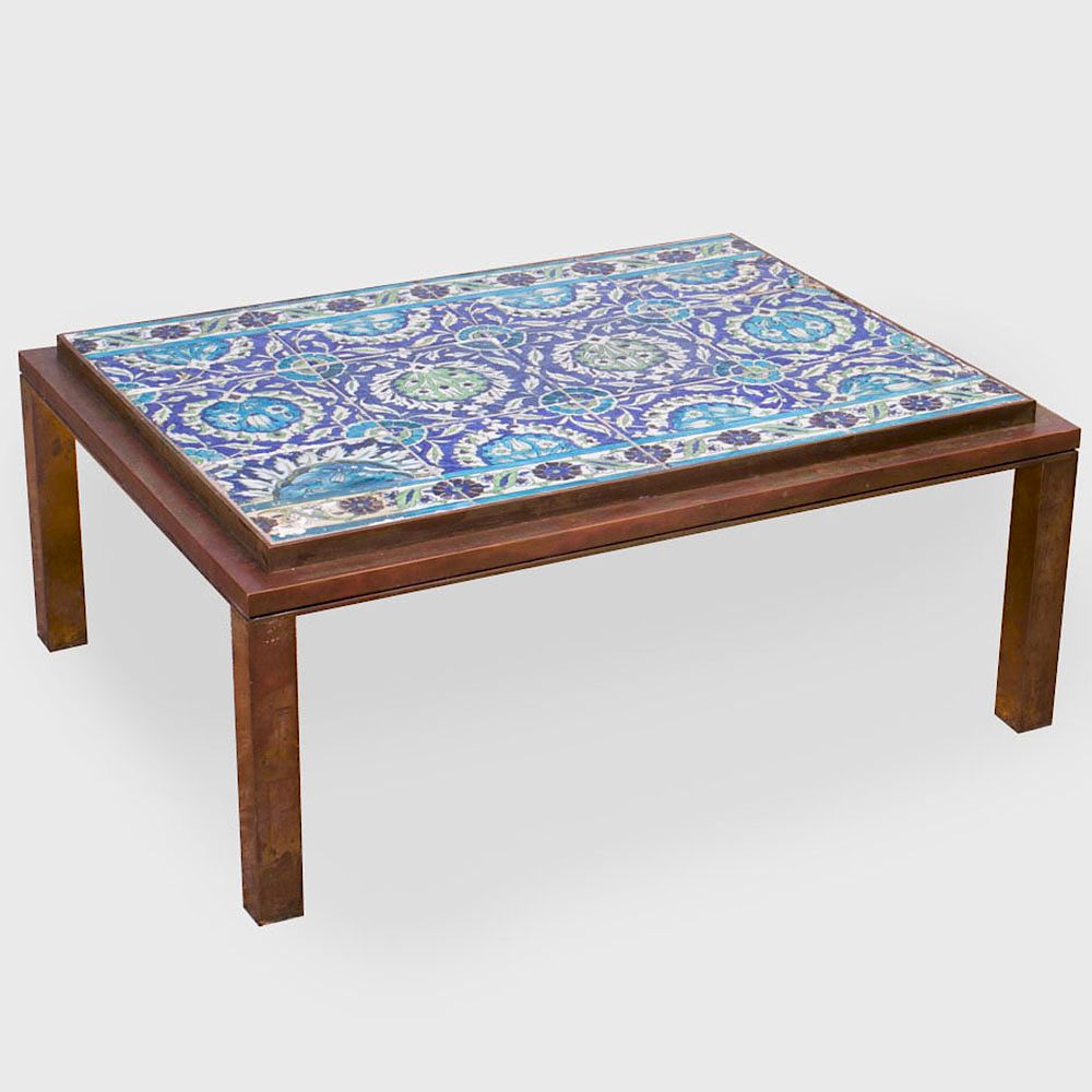 Appraisal: Bronze Low Table Inset with Persian Tiles Fitted with glass