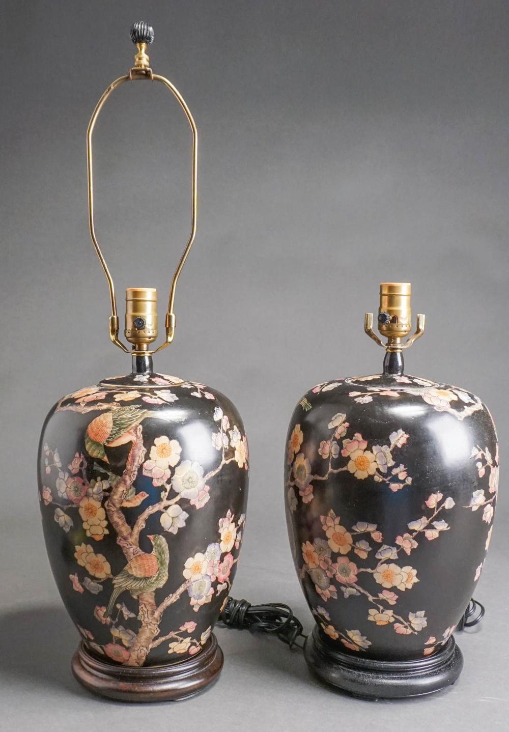 Appraisal: PAIR CHINESE FAMILLE NOIR GINGER JARS MOUNTED AS LAMPSPair Chinese