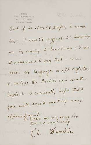 Appraisal: DARWIN CHARLES Letter Signed to an unnamed recipient agreeing to