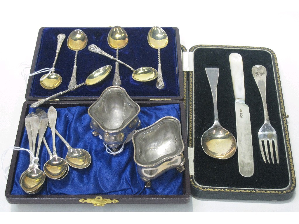 Appraisal: Lot comprising cased silver and mother of pearl christening set