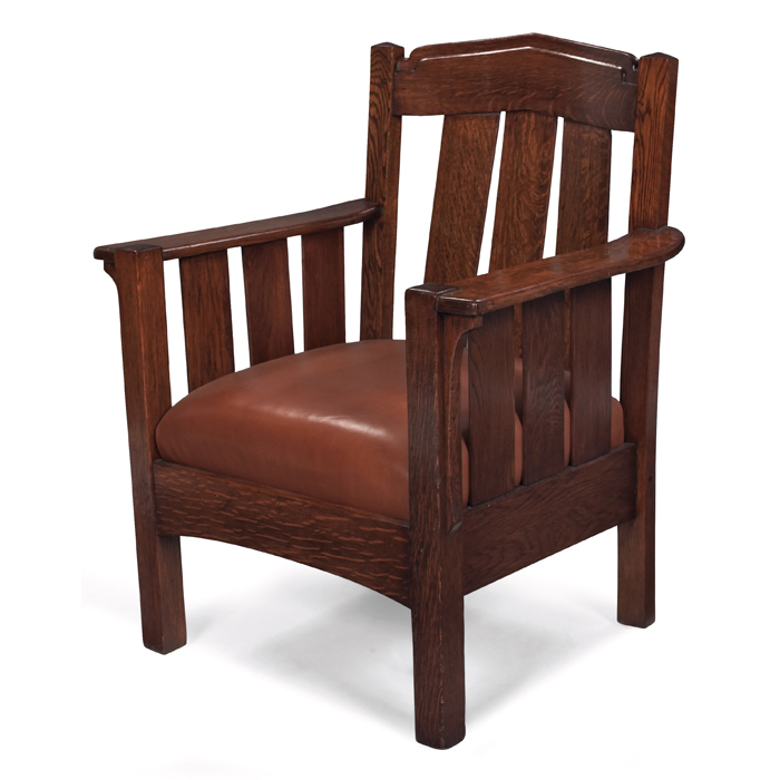 Appraisal: Stickley Brothers armchair attribution unusual form with a carved and