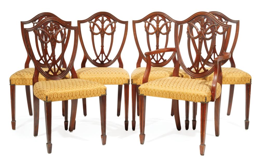 Appraisal: Six Hepplewhite-Style Carved Mahogany Shieldback Dining Chairs incl one armchair