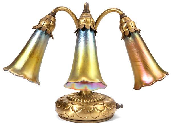 Appraisal: A Tiffany Studios gilt-bronze three-light Lily lamp base - impressed