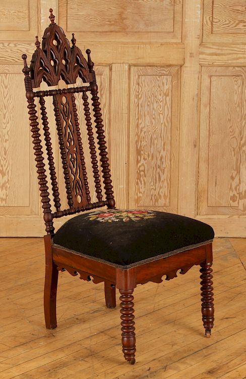 Appraisal: TH C AMERICAN GOTHIC REVIVAL CHAIR NEEDLEPOINT A nineteenth century