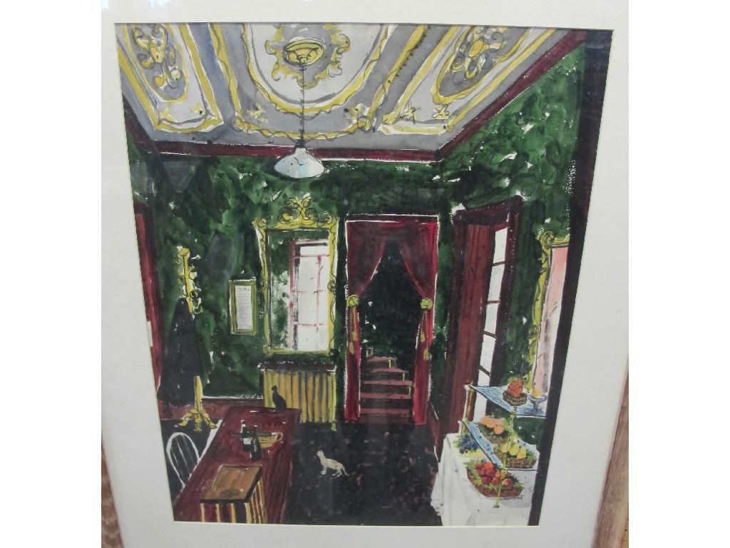 Appraisal: W HOWARD Watercolour 'Interior with Cats' signed Provenance Viscount Strathallan