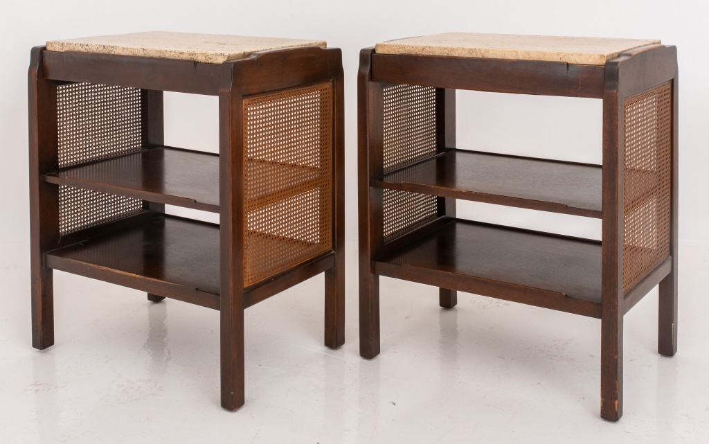 Appraisal: EDWARD WORMLEY CANED LAMP TABLES FOR DUNBAR Midcentury modern Edward