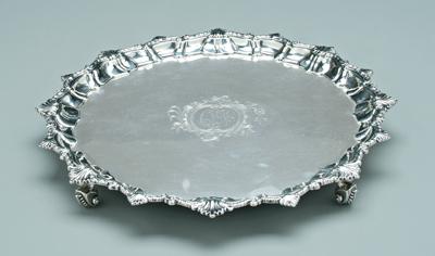 Appraisal: George V English silver tray round with Chippendale border four