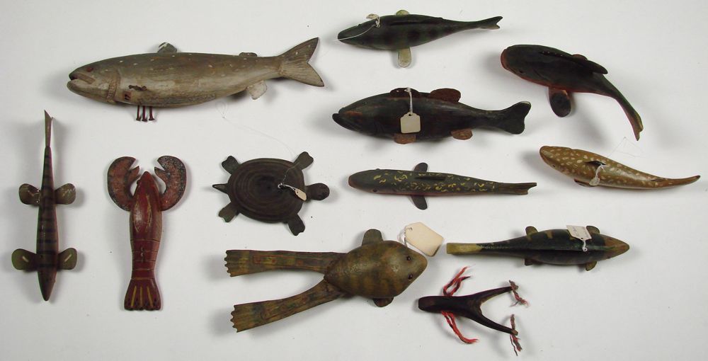 Appraisal: COLLECTION OF EIGHT WOODEN FISH DECOYS Together with a crayfish