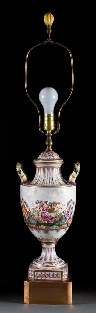 Appraisal: Capodimonte porcelain urn mounted as a lamp th century classical