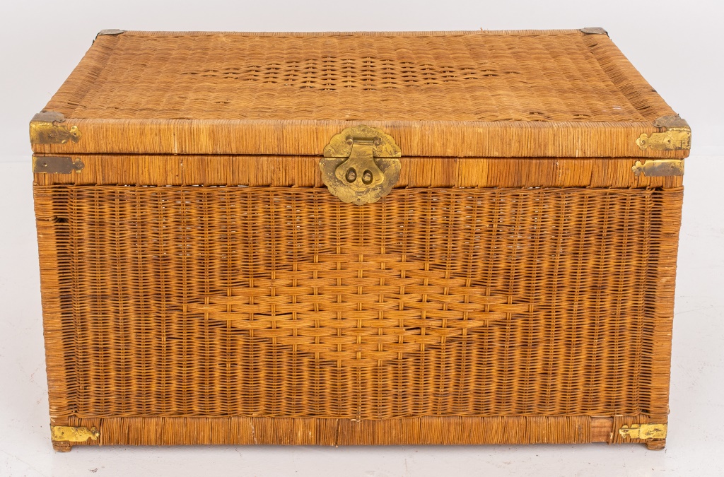 Appraisal: CHINESE BRASS-MOUNTED WICKER SUMMER BLANKET CHEST Chinese Brass-Mounted Wicker Summer