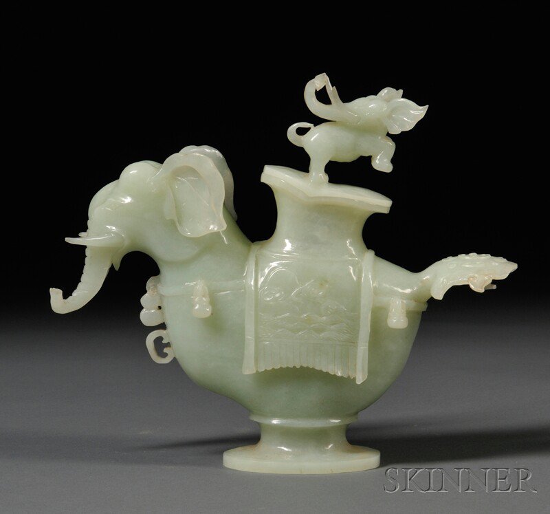 Appraisal: Carved Stone Elephant Jar and Cover China stone of pale