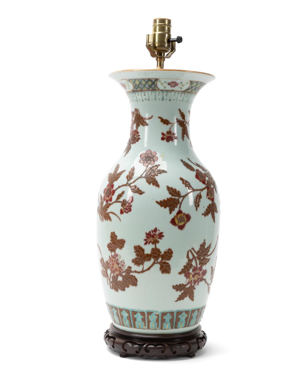 Appraisal: CHINESE PORCELAIN LAMP W IRON RED FLOWERS Chinese porcelain baluster