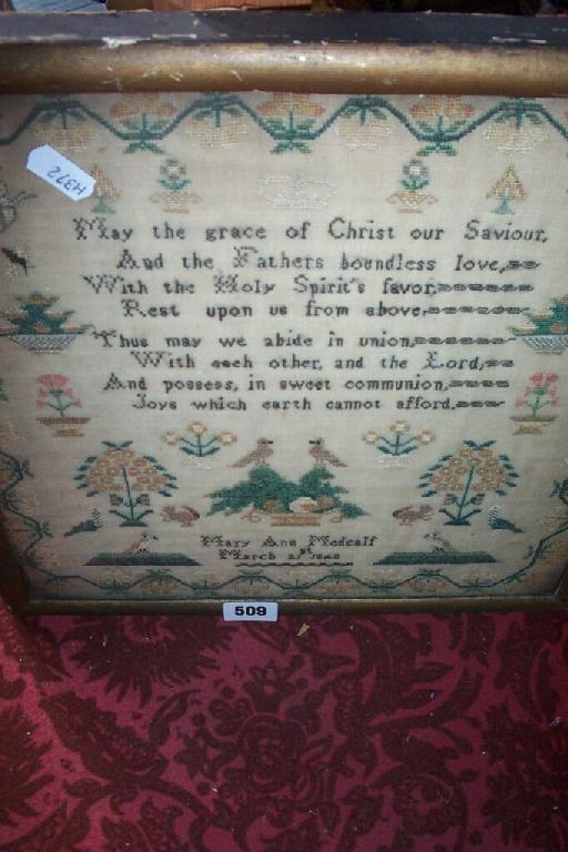 Appraisal: A th century needlework sampler by Mary Ann Medcalf dated