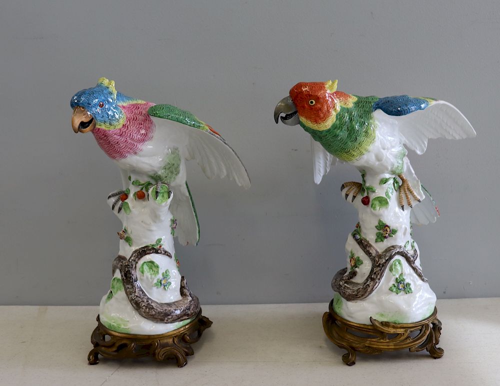 Appraisal: Pair Of Large Bronze Mounted Porcelain Parrots From a Garden