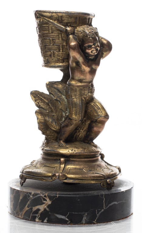 Appraisal: GILT BRONZE MARBLE CHERUB MATCH STICK HOLDER Gilt bronze and