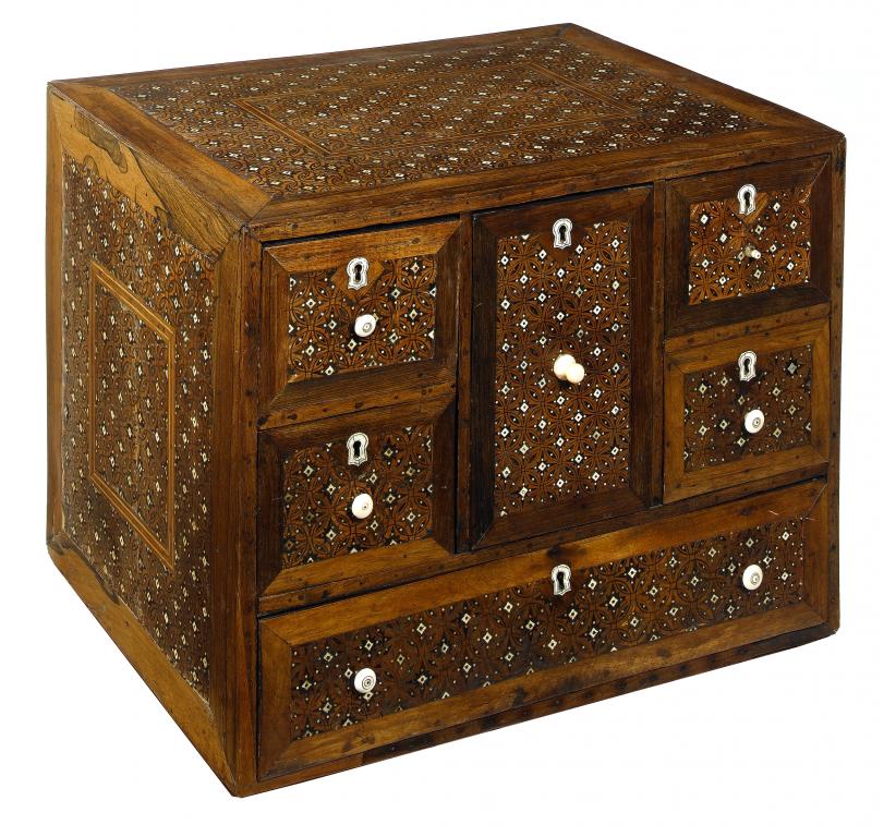 Appraisal: AN INDO-PORTUGUESE IVORY-INLAID TABLE-CABINET the top sides and six drawers