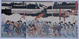 Appraisal: Shigenobu Utagawa triptych woodblocks Shigenobu Hiroshige II Utagawa Japanese -